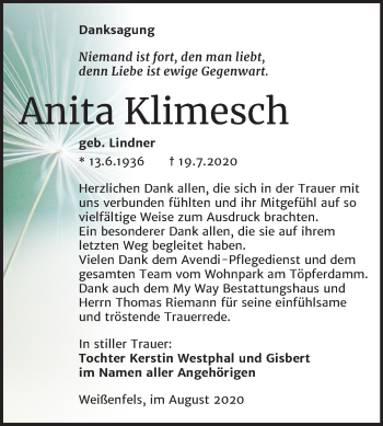 Traueranzeige von Anita Klimesch von Mitteldeutsche Zeitung Weißenfels