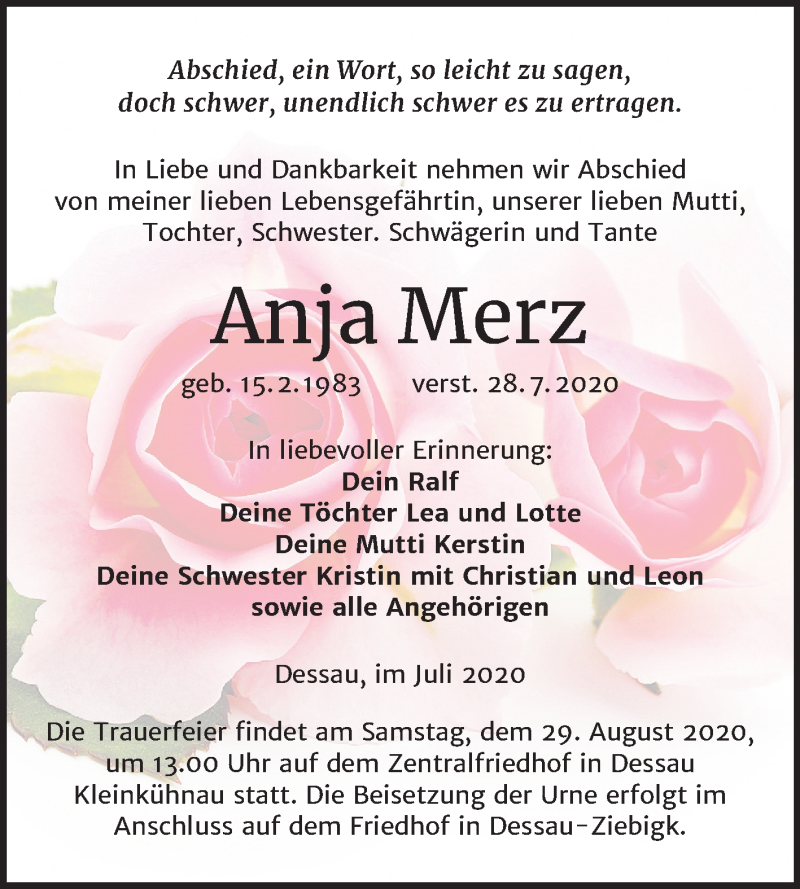  Traueranzeige für Anja Merz vom 04.08.2020 aus Mitteldeutsche Zeitung Dessau-Roßlau
