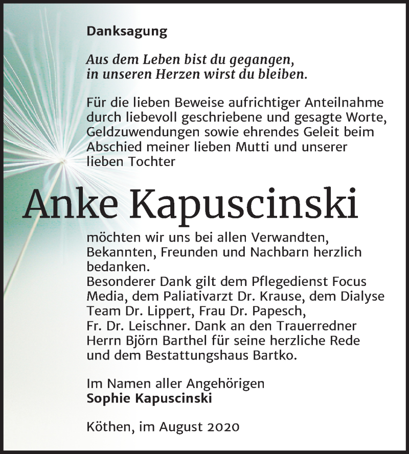  Traueranzeige für Anke Kapuscinski vom 22.08.2020 aus Super Sonntag Köthen