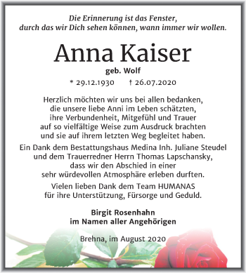 Traueranzeige von Anna Kaiser von Mitteldeutsche Zeitung Bitterfeld