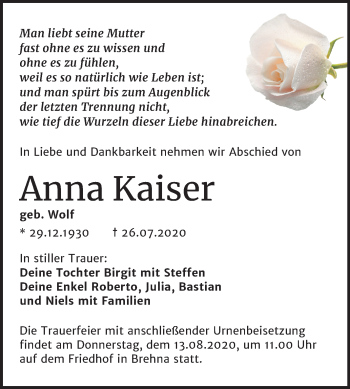 Traueranzeige von Anna Kaiser von Mitteldeutsche Zeitung Bitterfeld