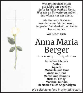 Traueranzeige von Anna Maria Berger von Mitteldeutsche Zeitung Naumburg/Nebra