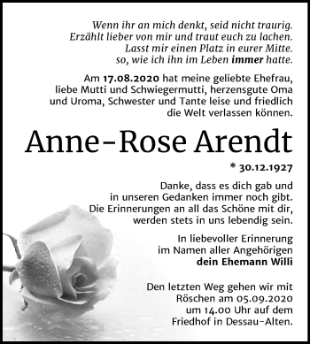 Traueranzeige von Anne-Rose Arendt von Super Sonntag Dessau-Roßlau
