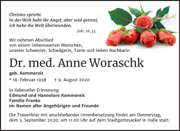 Traueranzeige von Anne Woraschk von Mitteldeutsche Zeitung Halle/Saalkreis