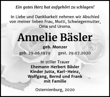 Traueranzeige von Annelie Bäsler von Mitteldeutsche Zeitung Köthen