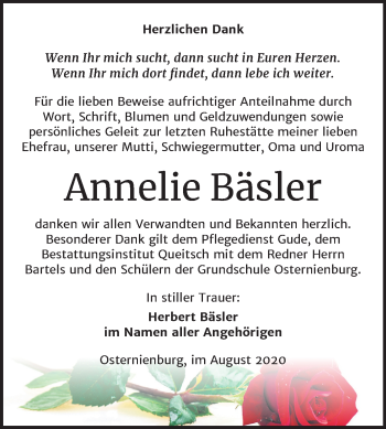 Traueranzeige von Annelie Bäsler von Mitteldeutsche Zeitung Köthen