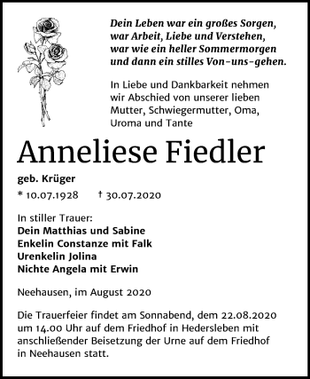 Traueranzeige von Anneliese Fiedler von Super Sonntag Mansfelder Land