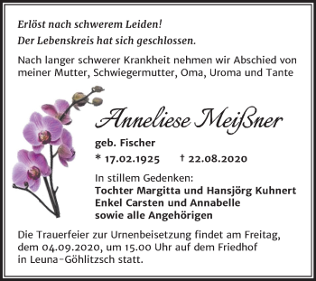 Traueranzeige von Anneliese Meißner von Mitteldeutsche Zeitung Merseburg/Querfurt