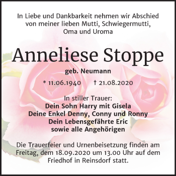 Traueranzeige von Anneliese Stoppe von Super Sonntag Köthen