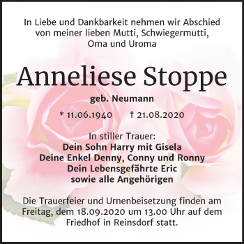 Traueranzeige von Anneliese Stoppe von Mitteldeutsche Zeitung Köthen