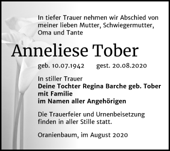 Traueranzeige von Anneliese Tober von Super Sonntag Wittenberg