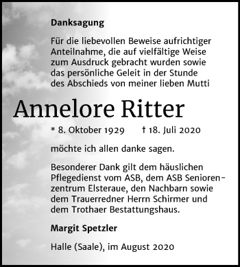 Traueranzeige von Annelore Ritter von Mitteldeutsche Zeitung Halle/Saalkreis