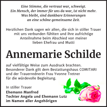 Traueranzeige von Annemarie Schilde von Super Sonntag Zeitz