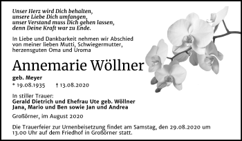 Traueranzeige von Annemarie Wöllner von Super Sonntag Mansfelder Land