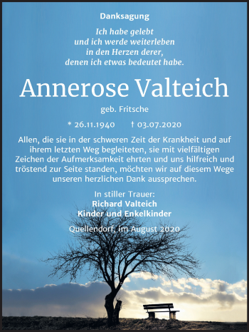 Traueranzeige von Annerose Valteich von Mitteldeutsche Zeitung Dessau-Roßlau / Köthen
