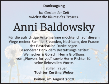 Traueranzeige von Anni Baldowsky von Super Sonntag Bernburg