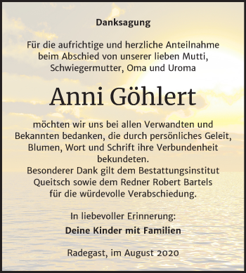 Traueranzeige von Anni Göhlert von Super Sonntag Köthen