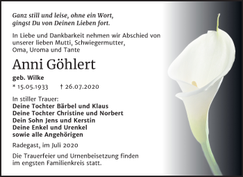 Traueranzeige von Anni Göhlert von Super Sonntag Köthen