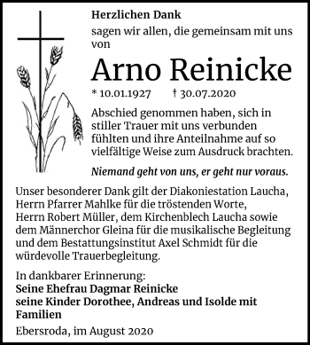 Traueranzeige von Arno Reinicke von Mitteldeutsche Zeitung Naumburg/Nebra