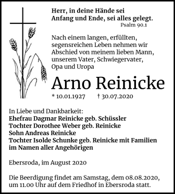Traueranzeige von Arno Reinicke von Mitteldeutsche Zeitung Naumburg/Nebra