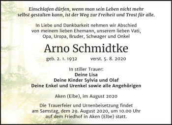 Traueranzeige von Arno Schmidtke von Mitteldeutsche Zeitung Köthen