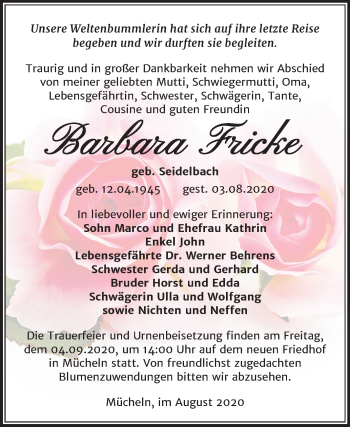 Traueranzeige von Barbara Fricke von Super Sonntag Naumburg/Nebra