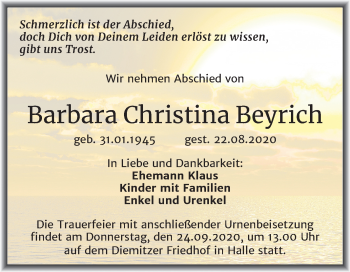 Traueranzeige von Barbara Christina Beyrich von Mitteldeutsche Zeitung Halle/Saalkreis