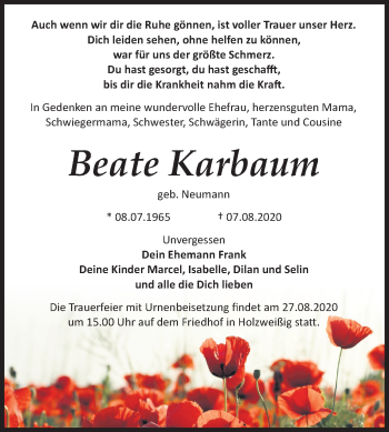 Traueranzeige von Beate Karbaum von Mitteldeutsche Zeitung Bitterfeld