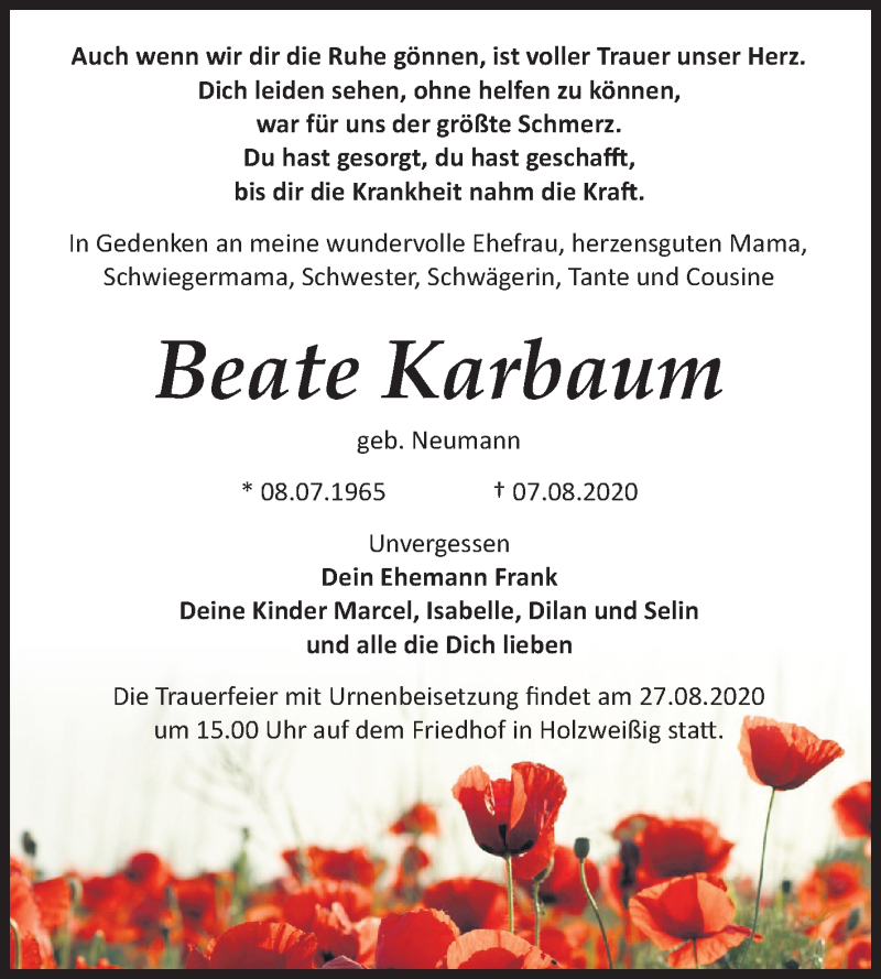  Traueranzeige für Beate Karbaum vom 15.08.2020 aus Mitteldeutsche Zeitung Bitterfeld
