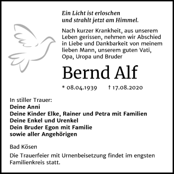 Traueranzeige von Bernd Alf von Wochenspiegel Naumburg/Nebra