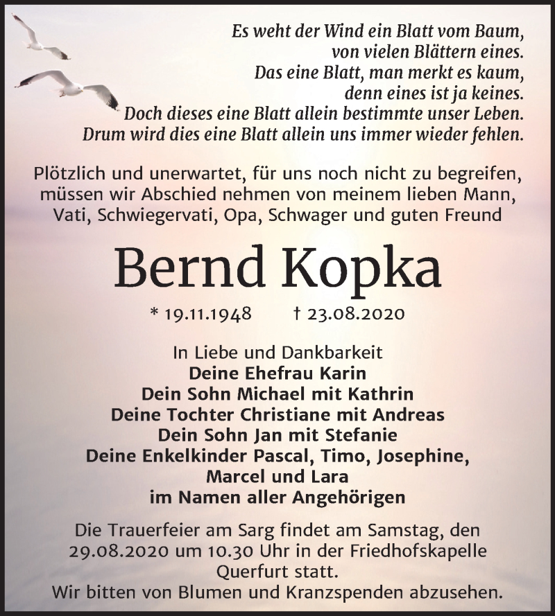  Traueranzeige für Bernd Kopka vom 25.08.2020 aus Mitteldeutsche Zeitung Merseburg/Querfurt
