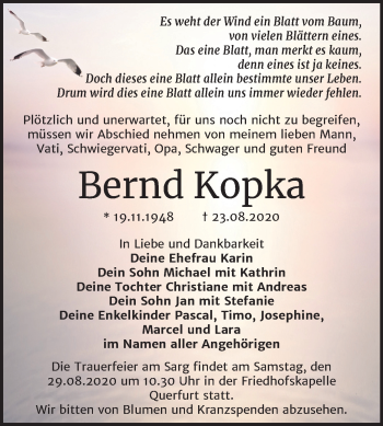 Traueranzeige von Bernd Kopka von Mitteldeutsche Zeitung Merseburg/Querfurt