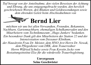 Traueranzeige von Bernd Lier von Super Sonntag Dessau-Roßlau