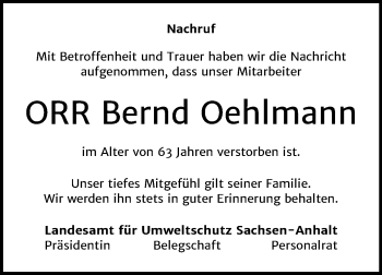Traueranzeige von Bernd Oehlmann von Mitteldeutsche Zeitung Halle/Saalkreis