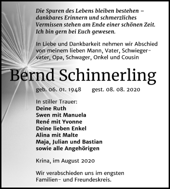 Traueranzeige von Bernd Schinnerling von Mitteldeutsche Zeitung Bitterfeld