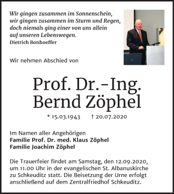 Traueranzeige von Bernd Zöphel von Super Sonntag Merseburg/Querfurt