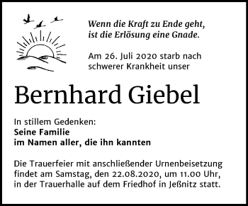 Traueranzeige von Bernhard Giebel von Mitteldeutsche Zeitung Bitterfeld