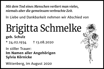 Traueranzeige von Brigitta Schmelke von Mitteldeutsche Zeitung Wittenberg