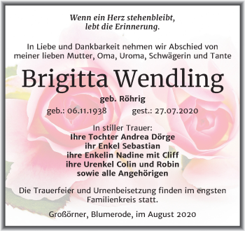 Traueranzeige von Brigitta Wendling von Mitteldeutsche Zeitung Mansfelder Land
