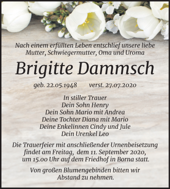 Traueranzeige von Brigitte Dammsch von Super Sonntag Zeitz