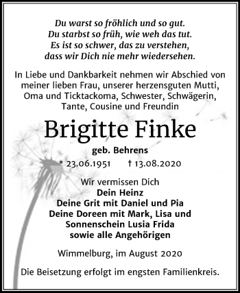 Traueranzeige von Brigitte Finke von Mitteldeutsche Zeitung Mansfelder Land