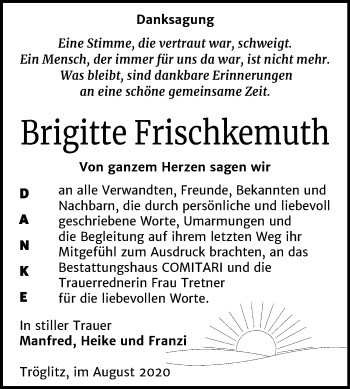 Traueranzeige von Brigitte Frischkemuth von Super Sonntag Zeitz