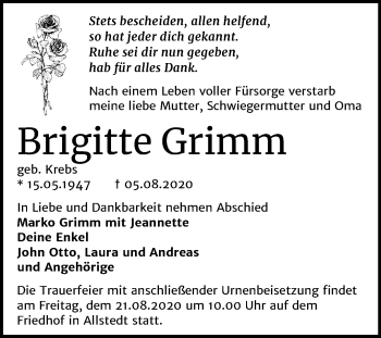 Traueranzeige von Brigitte Grimm von Super Sonntag Sangerhausen
