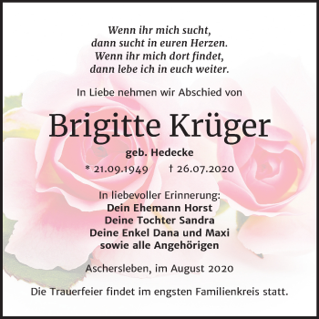Traueranzeige von Brigitte Krüger von Mitteldeutsche Zeitung Aschersleben