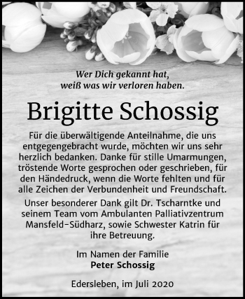 Traueranzeige von Brigitte Schossig von Mitteldeutsche Zeitung Sangerhausen