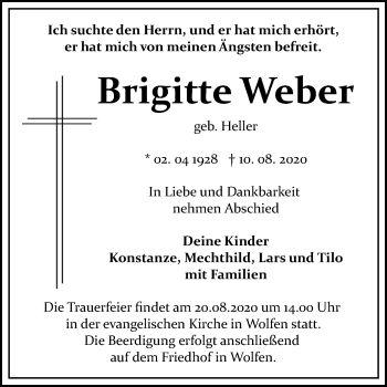Traueranzeige von Brigitte Weber von Mitteldeutsche Zeitung Bitterfeld