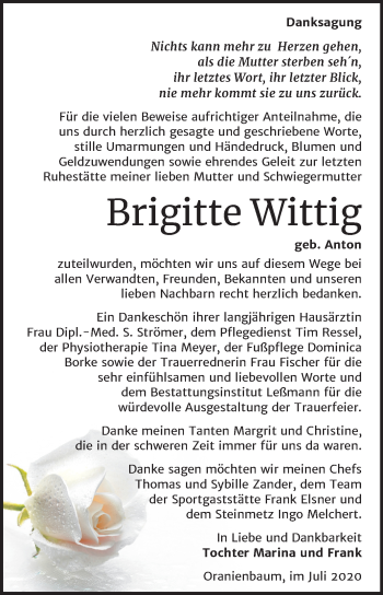 Traueranzeige von Brigitte Wittig von Mitteldeutsche Zeitung Wittenberg