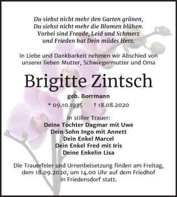 Traueranzeige von Brigitte Zintsch von Mitteldeutsche Zeitung Merseburg/Querfurt