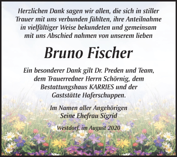 Traueranzeige von Bruno Fischer von Super Sonntag Aschersleben