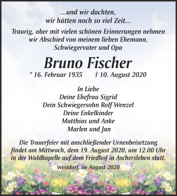 Traueranzeige von Bruno Fischer von Super Sonntag Aschersleben
